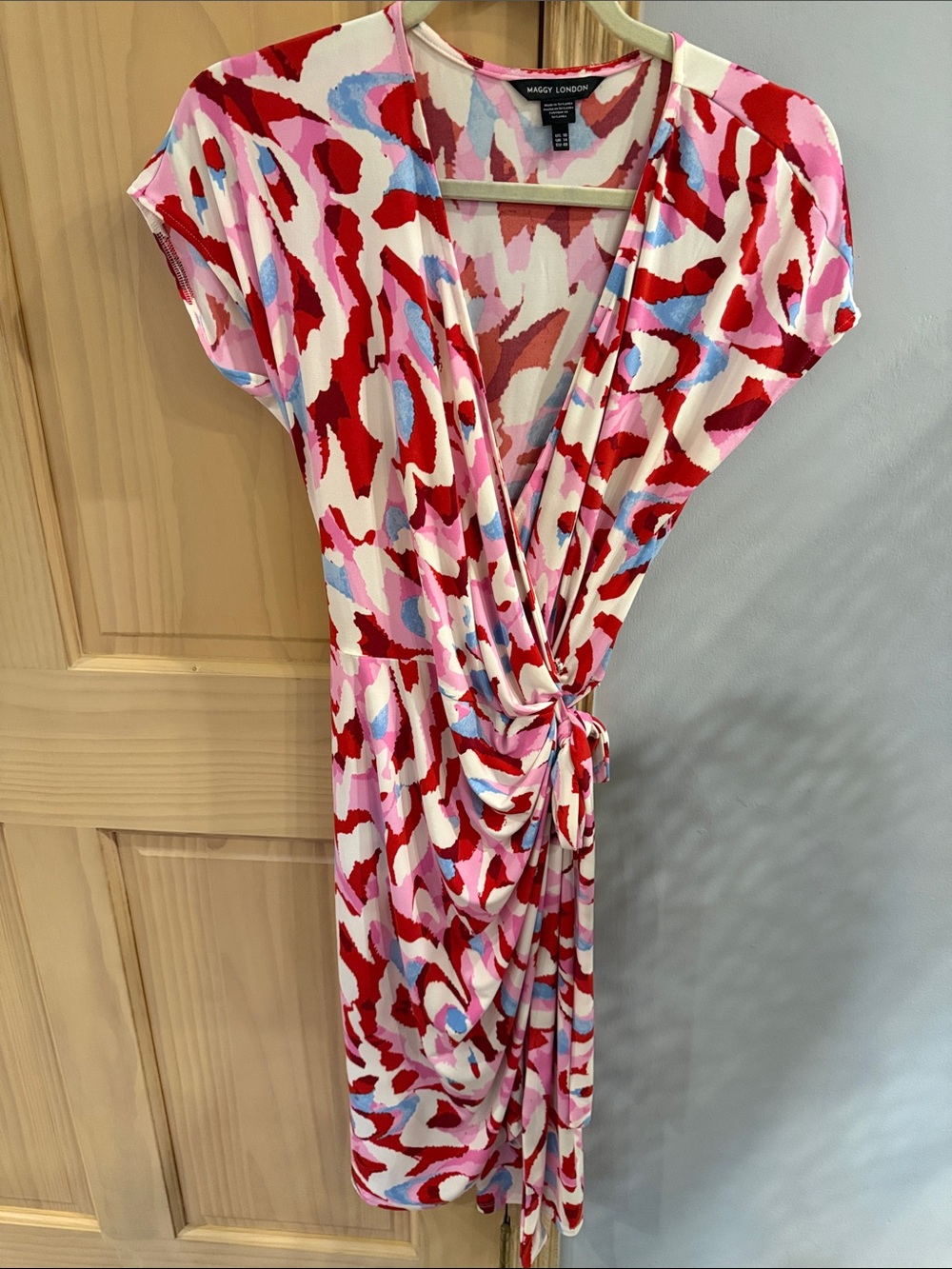 Maggy London Womens Faux Wrap Dress Pink Red Abstract Print Side Tie Size 10